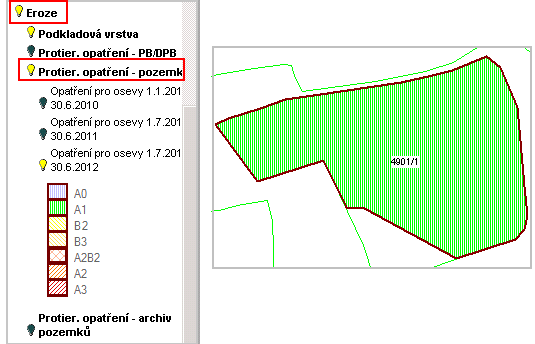 3. V mapě se objeví zakreslený pozemek. Ve stromečku vrstev je tato vrstva pozemků nazvána "Protierozní opatření - Pozemky". V mapě je zákres vybarven dle stanoveného opatření.