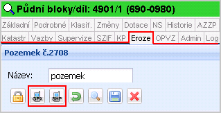 Exportovat pozemek do formátu GPX a SHP - pomocí těchto ikon můžete pozemek exportovat do formátu *gpx a uložit do své GPS nebo jej exportovat ve formátu *shp a prohlížet v GIS programech.