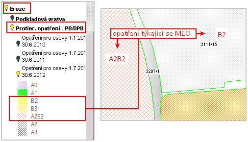 Vrstvy mírně erozně ohrožených půd jsou v mapě zobrazeny odstíny žluté barvy.