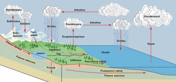 Oběh vody v přírodě Výpar vody z vodní hladiny, z půdy, povrchu rostlin Transport v atmosféře vlivem proudění vzdušné hmoty Kondenzace a vypadnutí