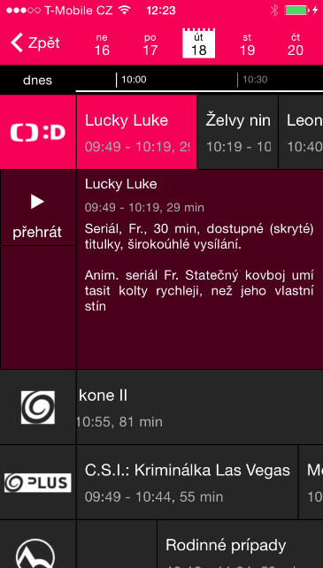 6.3. Programový průvodce Obrazovku s programovým průvodcem zobrazíte kliknutím na symbol kalendáře. Zobrazí se seznam dostupných televizních kanálů s programovým průvodcem a časovou osou.