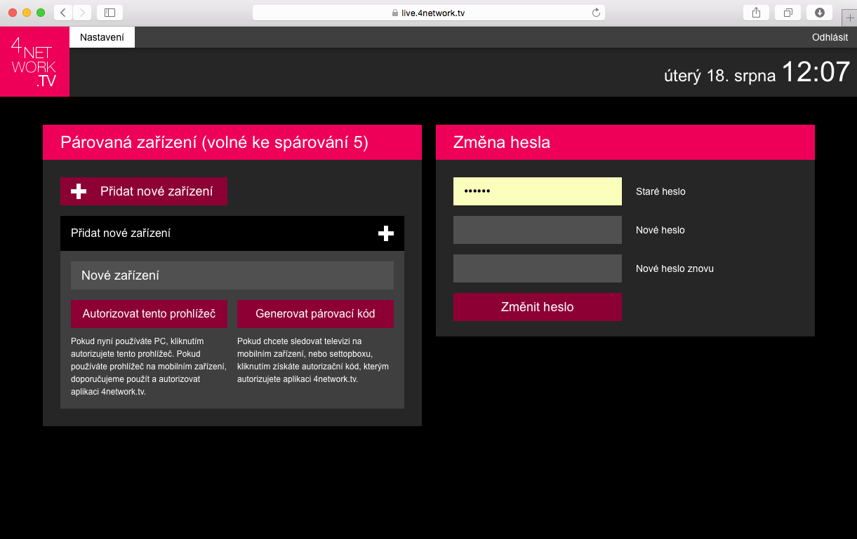 3. Registrace zařízení second screen Pro aktivaci služeb second screen je zapotřebí registrace zařízení (vygenerovaní párovacího kódu), kterou provedete přihlášením na live portál live.retetv.