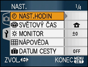 Položky menu nastavení Následující příklad ukazuje, jak nastavit [ZVUK.ZÁZNAM] při zvoleném běžném režimu snímku [ ]. 1 Zvolte položku menu stisknutím 3/4. 4 Nastavte stisknutím [MENU/SET].