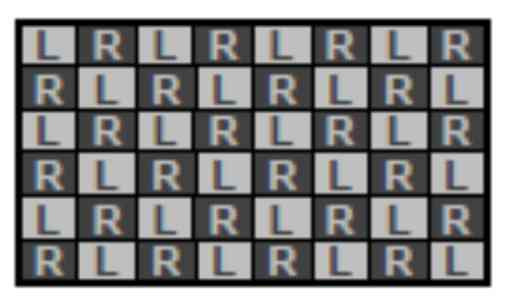2 Prostorová komprese videa: Side-by-side, Top-and-Bottom, Row-by-Row a Chessboard. Obr 3.3 Popis skládání podvzorkovaných video framů do Side-by-side [22].