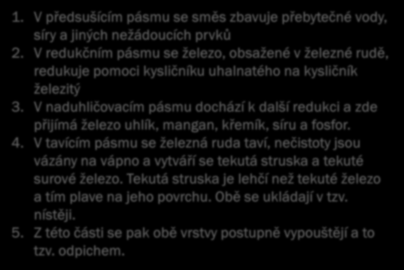 Postup ve vysoké peci Ve vysoké peci se vsázka pod vlastní tíhou sune směrem dolu (železná ruda, koks a vápno). Vháněný teplý vzduch stoupá ze spodní části nahoru.