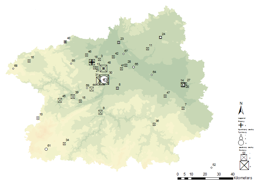 Mapa 11: Středočeský kraj - výskyt jednotlivých typů prstenů 3-Debrno-Dolany; 6-Hlohovičky; 7-Hořany (Kutná Hora); 8-Hostivař (Praha 10); 9-Hradištko (Praha - Západ); 10- Cheznovice; 11-Chotětov