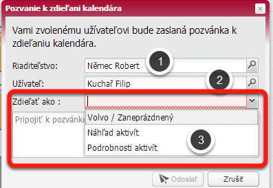 Vytvoření pozvánky ke sdílení Kalendáře V dialogovém okně doplněte potřebné údaje pro specifikování Uživatele, kterému bude zaslána pozvánka ke sdílení.