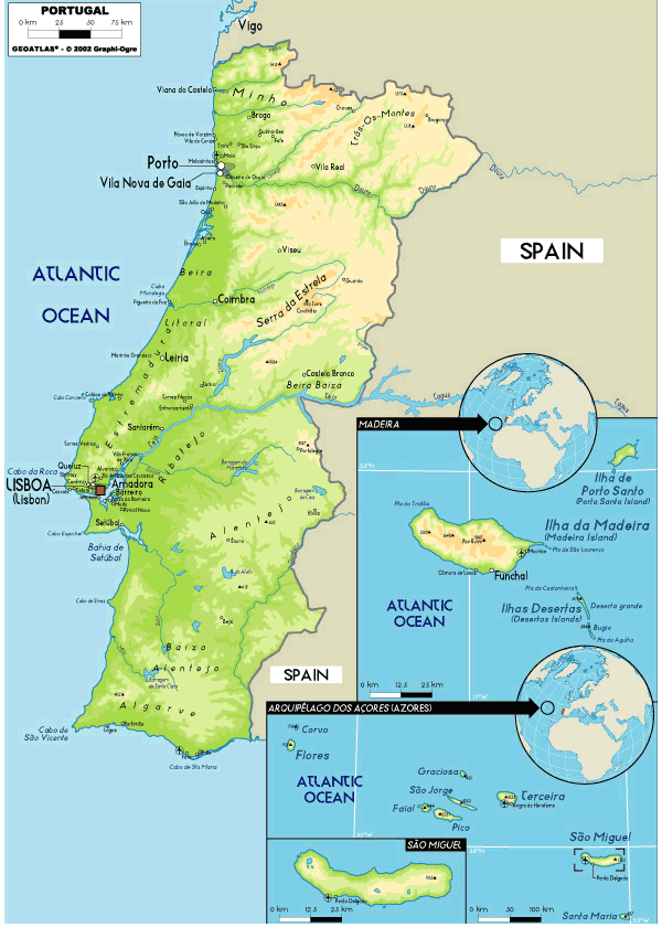 Pyrenejský poloostrov S, V, Stř. a J Portugalsko = hornatiny Z a J Portugalsko = nížiny Nej.