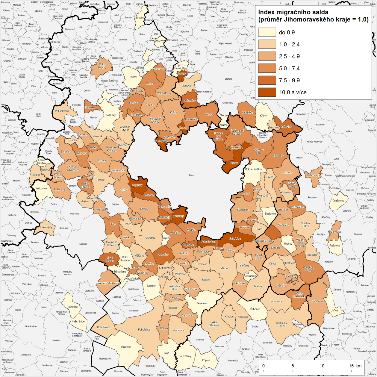 Příloha 3: migračního salda v zázemí města Brna Zdroj dat: ČSÚ, Databáze demografických údajů za obce 1997-2011 migračního salda= MS obce