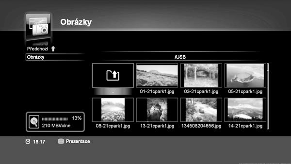 6.4.2.1. Seznam skladeb MP3 * Červené tl.: Smazat soubor MP3 ze seznamu. * Zelené tl.: Náhodné přehrávání. 6.4.3. Obrázky Vyberte možnost Obrázky v nabídce Multimédia.