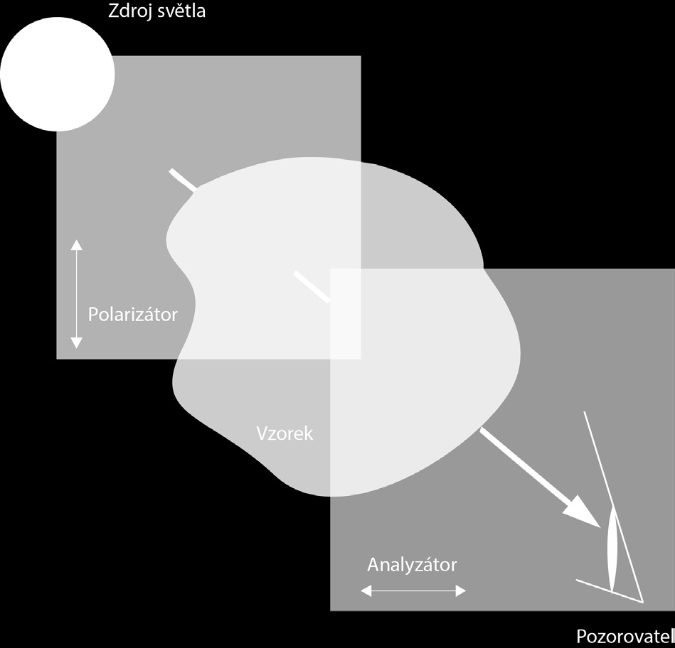 opticky aktivního materiálu a analyzátoru.