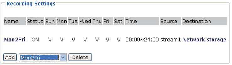 Recording Schedule (Kalend{ř z{znamu) zvolte dny v týdnu a hodiny, ve kterých m{ z{znam probíhat. Form{t času je 24 hodinový. Destination (Cíl) zvolte, kam se mají soubory se z{znamy ukl{dat.