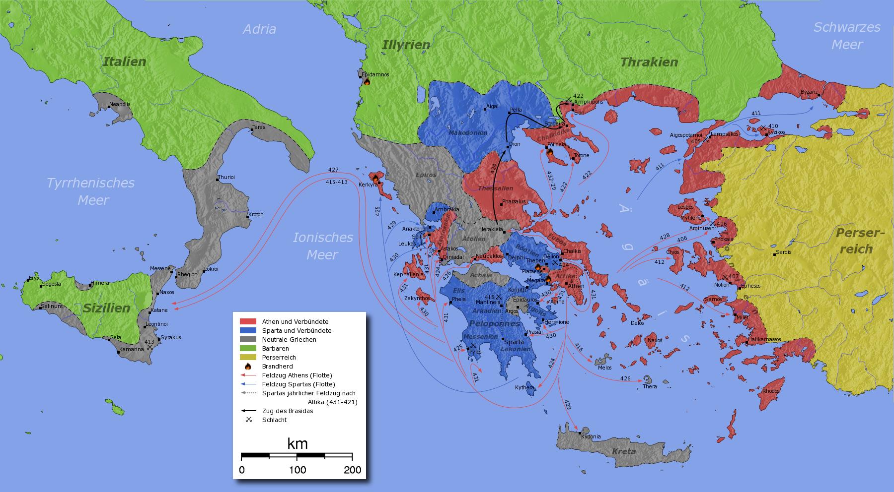 Rozložení sil 8) Rozložení sil v peloponéských válkách: červeně spojenci Athén (Makedonie až v poslední fázi války), modře
