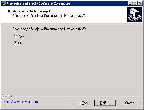 5. V dalším instalačním dialogu si můžete zvolit, zda-li má být lišta Outlook konektoru v aplikaci MS Outlook skryta.