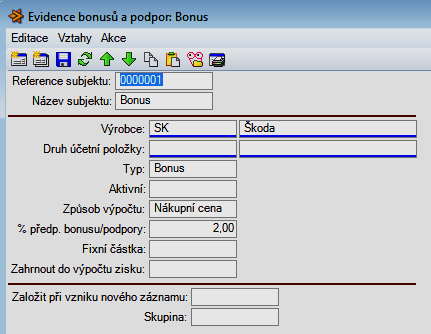 Podíl prodejce Zdroj z číselníku Evidence bonusů a podpor: Typy zdrojů: Bonus Podpora Ostatní náklady Ostatní výnosy Úrok z financování Provize