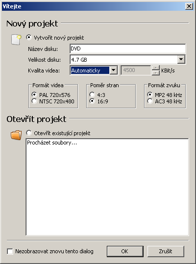 Postup: 1. Založte si nový projekt nebo otevřete již dříve vytvořený. Hondoty nastavte podle obrázku. Ujasněte si, zda zpracovávané video je v poměru 4:3 nebo 16:9.