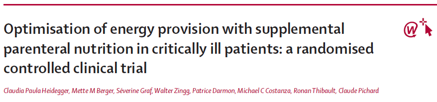 Swiss SPN (Heidegger, Berger, Pichard, 2013) Optimisation of energy provision with supplemental parenteral nutrition in critically ill patients - RCCT Cíl: zdali doplňková PV od 4. do 8.