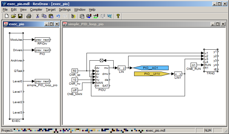 Změna algoritmu řízení simple_pid_loop.mdl je následující. Nejprve si algoritmus uložíme jako simple_pid_loop_pio.mdl. V souboru exekutivy exec_pio.