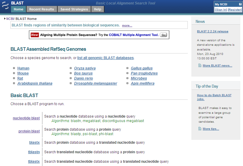 BLAST http://blast.ncbi.nlm.nih.gov/blast.cgi (Basic Local Alignment Search Tool) volba programu.