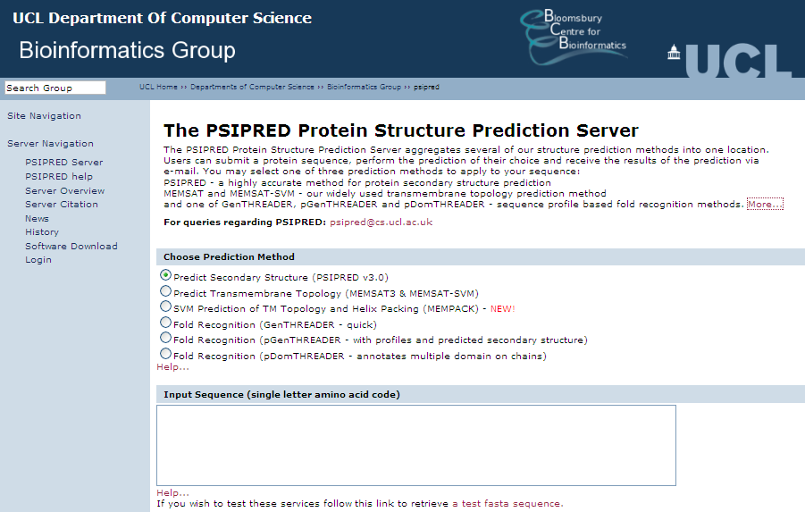 PsiPred http://bioinf.cs.ucl.ac.uk/psipred/ predikce sekundární struktury proteinů (algoritmus využívá tzv. neuronové sítě) 1.