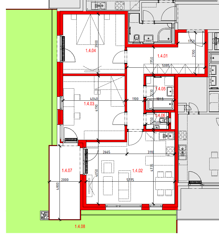 Byt 1.4-3+1/T, 88,13 m2 + 115,40 m2 zahrada, 1.