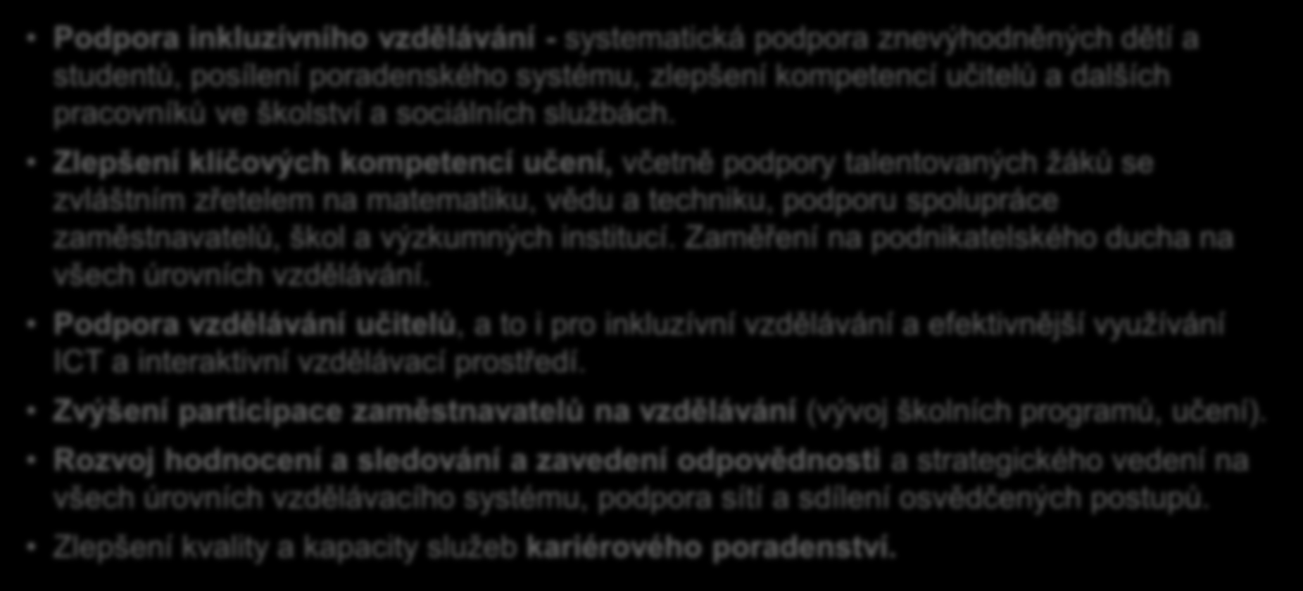 7 INTERVENČNÍ LOGIKA PROGRAMU Zvyšování kvality a otevřenosti vzdělávání Hlavní aktivity Podpora inkluzívního vzdělávání - systematická podpora znevýhodněných dětí a studentů, posílení poradenského