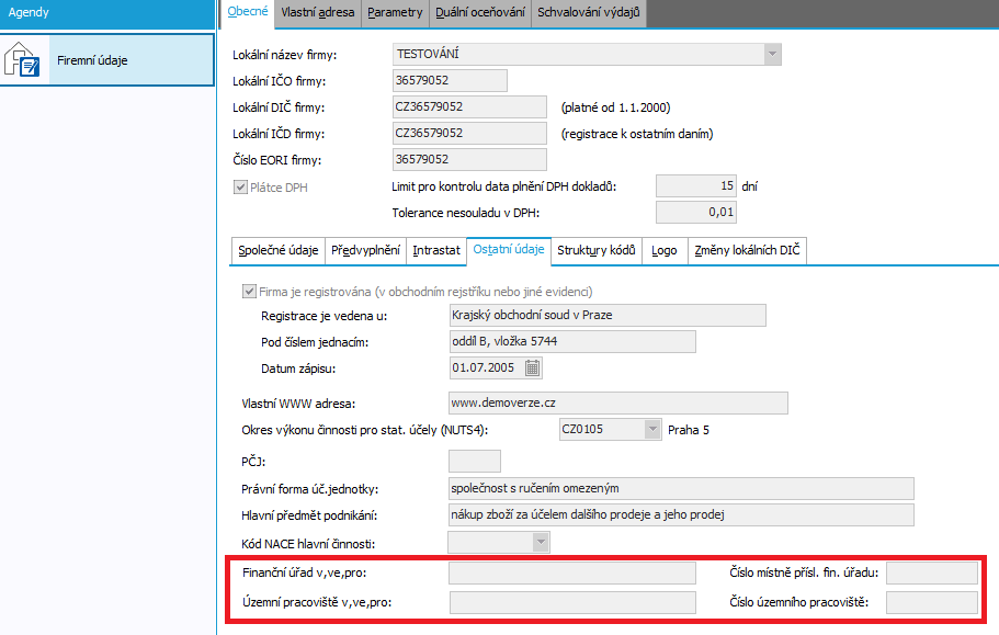 2.2 DOTČENÉ DOKLADY Obr. 05 Firemní údaje Informace o finančním úřadu 2.2.1 PARAMETRY OVLIVŇUJÍCÍ ZADÁVÁNÍ A EVIDENCI DOKLADŮ Doporučujeme zkontrolovat nastavení firemních parametrů (Administrace ->