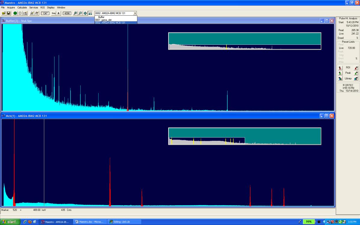 Obrázek 3: Obrazovka programu MAESTRO-32 Ve spuštěném programu MAESTRO se příkazem Acquire/Download uloží spektra z digidartu (je-li aktivní, tj.
