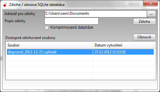 Zálohování databáze Provedení zálohy V menu Nástroje vyberte Záloha/Obnovení databáze Stiskněte tlačítko a vyberte adresář, kam se budou ukládat zálohy DLS.