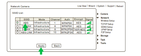 Vyberte síť, ke které IP server připojujete a potvrďte tlačítkem Apply Následně vyberte typ zabezpečení,