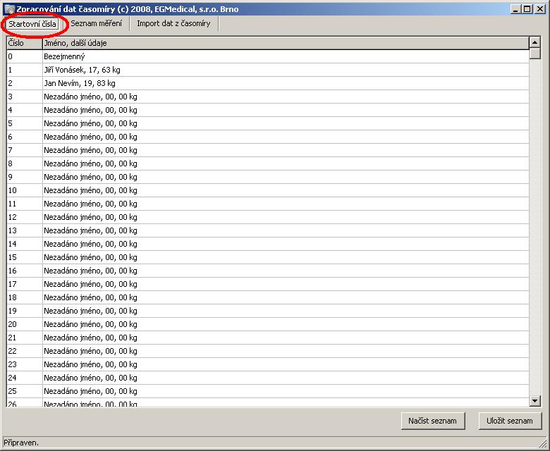 3.3. Obsluha programu použití pro offline zpracování výsledků 3.3.1. Seznam startovních čísel Stiskem tlačítka Startovní čísla zobrazíme seznam účastníků (obr. 3.2) se startovními čísly.