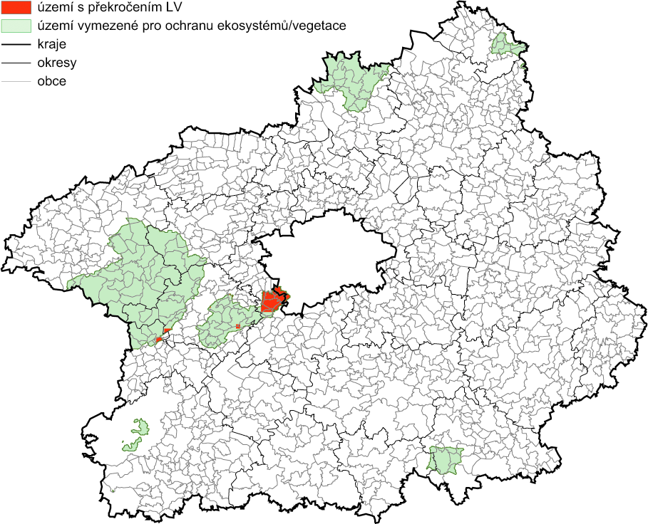 Tabulka 8: Překročení limitní hodnoty pro ochranu ekosystémů a vegetace (v % území), Středočeský kraj, 2004 Zdroj: Zpráva o zónách a aglomeracích v České republice Ministerstvo životního prostředí,