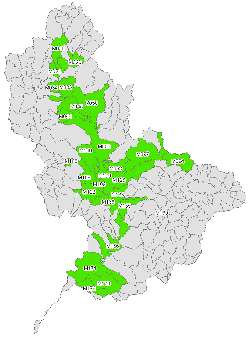 Obr. 1 Vodní útvary v povodí Moravy s podílem nivy větším než 20 %.