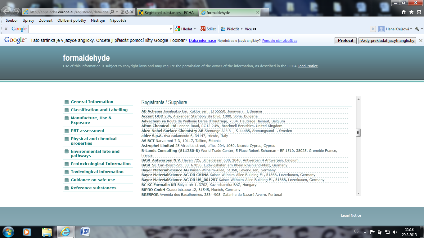 Od listopadu 2012 ECHA zveřejnuje více informací o registrovaných látkách, včetně názvu žadatele o registraci, registračního čísla látky a