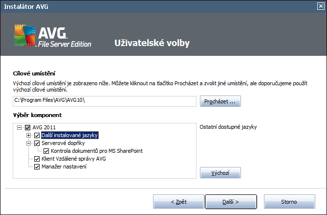 4.4. Uživatelské volby Dialog Uživatelské volby Vám umožňuje nastavit dva parametry instalace: Cílové umístění V sekci Cílové umístění máte určit, kam má být program AVG File Server 2011 instalován.