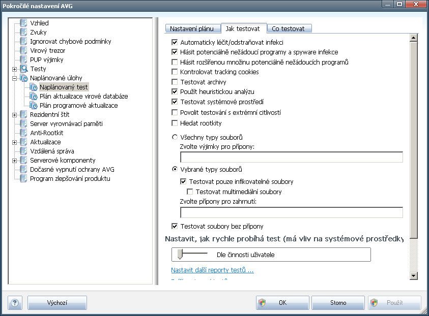 Záložka Jak testovat nabízí seznam parametrů testu, které můžete podle potřeby vypínat/zapínat. Ve výchozím nastavení je většina parametrů zapnuta a budou tak během testu automaticky použity.