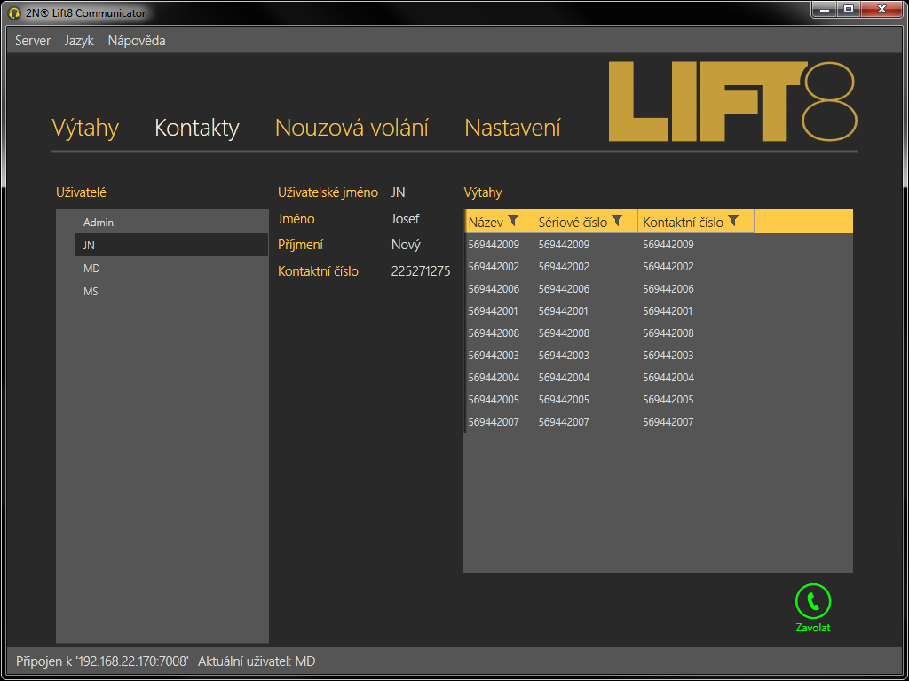 Kontakty Menu kontakty má ve své levé části seznam všech nakonfigurovaných uživatelů systému 2N Lift8. Kliknutím na uživatele se otevře jeho karta.