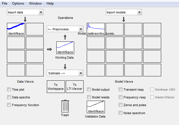 3. Identifikace modelu kalibračního tunelu System Identification Toolbox v Matlabu Identifikace diskrétního modelu systému s 1 nulou, 2 póly a s periodou vzorkování Ts = 0,1s.