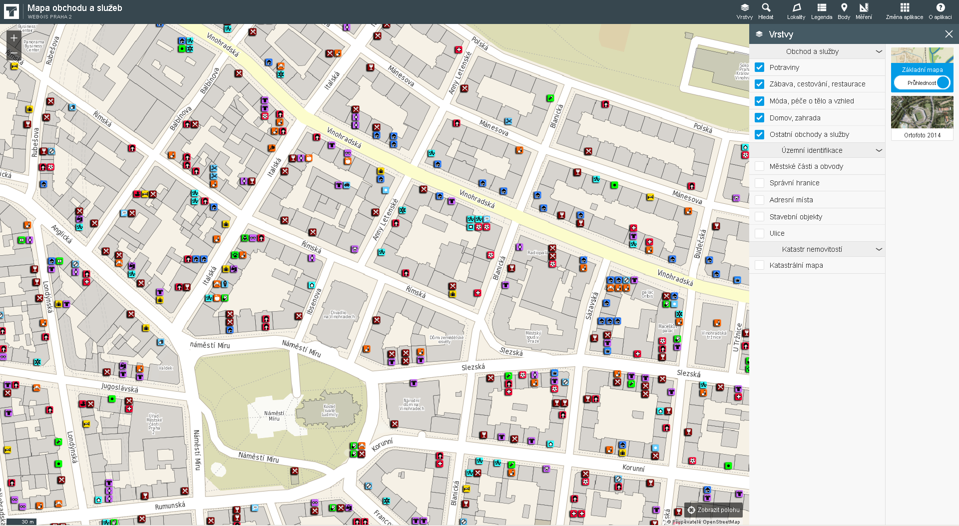 VRSTVA OBCHOD A SLUŽBY základní mapa se zapnutými vrstvami obchodu a služeb - mapa obchodu a služeb obsahuje celkem 5 tematických vrstev jedná se o potraviny, zábava, cestování, restaurace, móda,