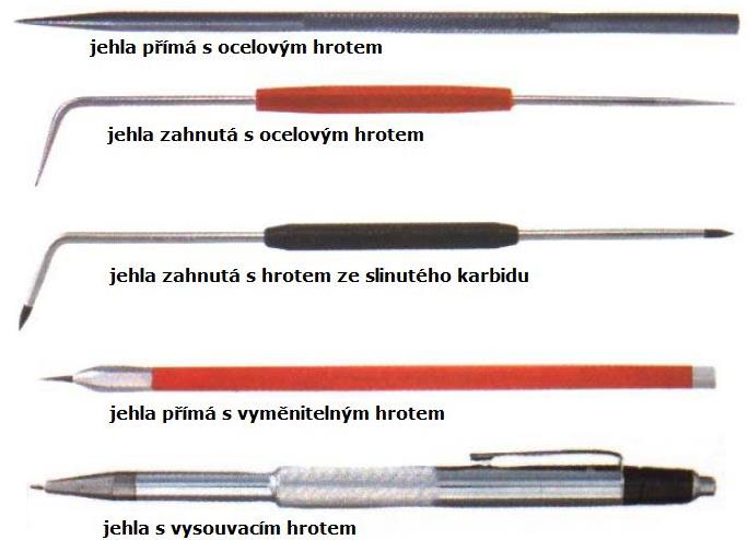 NÁŘADÍ PRO ORÝSOVÁNÍ - RÝSOVACÍ JEHLY Hrot rýsovací jehly je obvykle ocelový kalený, pro