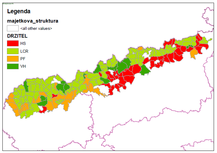 V držení honebních společenstvech je 36 honiteb (22%), Lesů ČR 83 honiteb (52 %), Pozemkového fondu 23 honiteb (14%) a 15 je honiteb vlastních (9%).