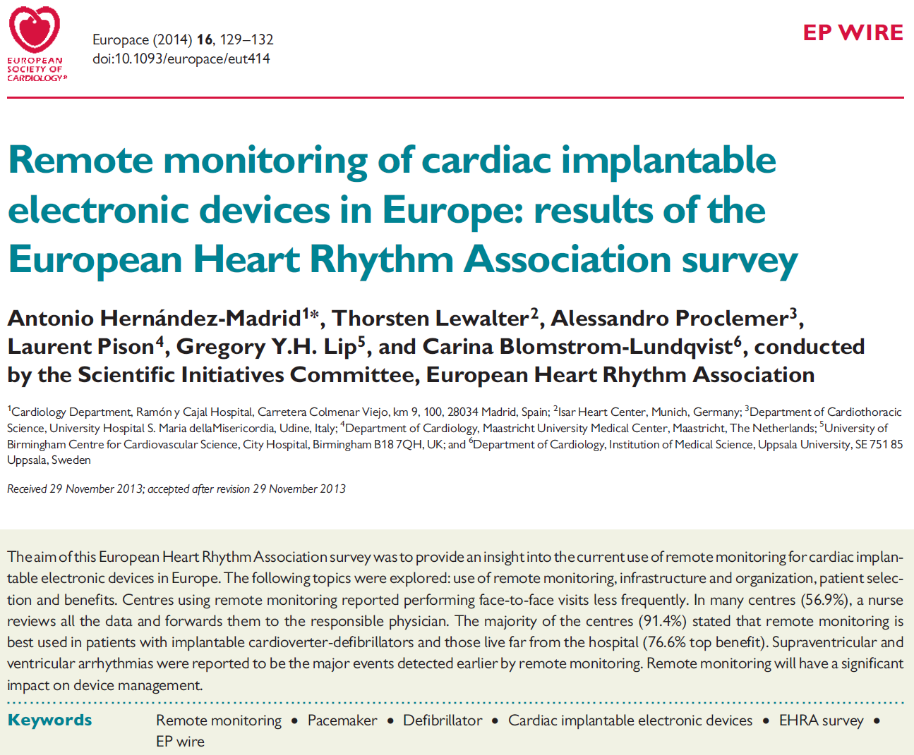 EHRA Survey: Remote monitoring of CIEDS in
