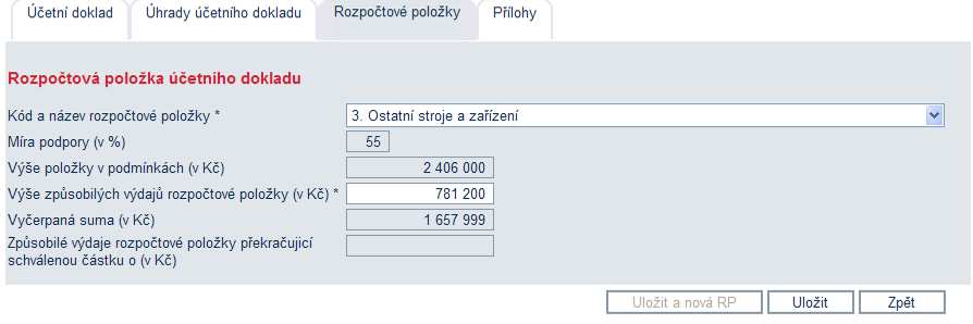 Příklad Po kliknutí na tlačítko pro přidání nové rozpočtové položky se zobrazí Detail rozpočtové položky účetního dokladu.