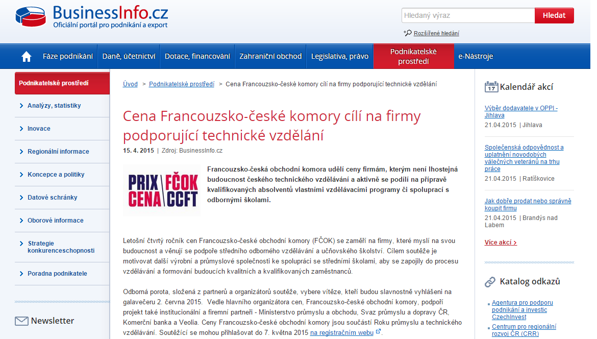 Cena Francouzsko-české komory cílí na firmy podporující technické vzdělání Le prix de la CCFT vise les entreprises qui soutiennent la formation technique Business