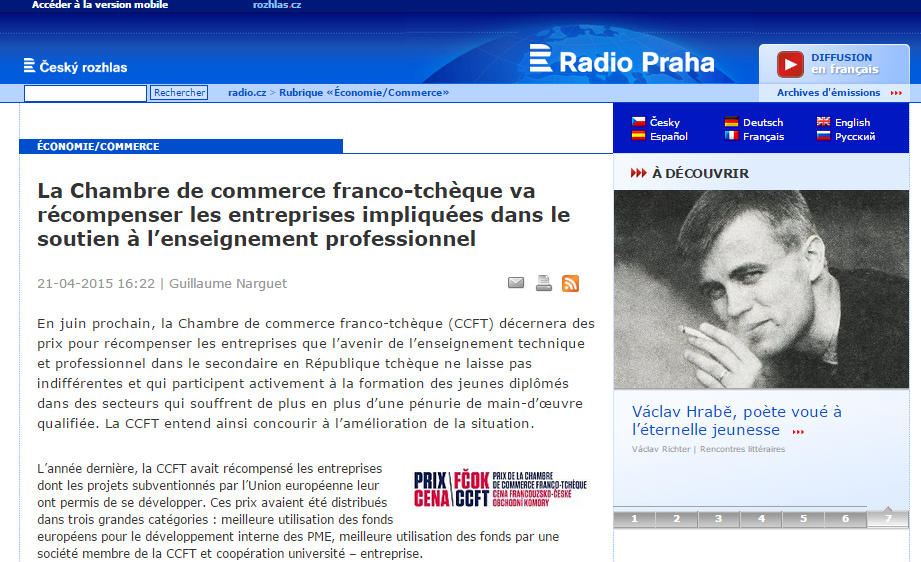 La Chambre de commerce franco-tchèque va récompenser les entreprises impliquées dans le soutien à l enseignement professionnel Francouzsko-česká obchodní komora ocení společnosti, které se zapojily