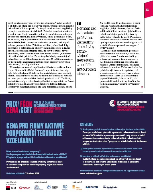 INZERCE: Cena pro firmy aktivně podporující technické vzdělávání INSERTION PUBLICITAIRE : Prix pour les entreprises qui soutiennent activement l