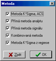 Obrázek 2 Výběr metod výpočtu kalibračních mezí V políčku K se uvede koeficient K, který bude použit při výpočtu kalibračních mezí triviální metodou K*Sigma.