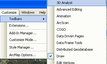 Tvorba příčných profilů v ArcGIS strana 12 V menu Customize vyvoláme nástrojovou lištu 3D analyst Přes ikonu Select features vybereme 3Dlinii, v nástrojové liště se aktivuje ikona Create