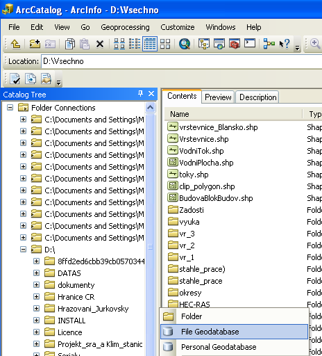 DMT v geodatabázi strana 2 Založte si novou geodatabázovou vrstvu (file geodatabase) ve vašem adresáři v programu ArcCatalog.