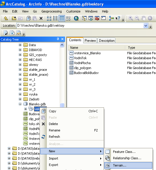 DMT v geodatabázi strana 3 Dále si ve vektorovém datasetu vytvoříme dvě
